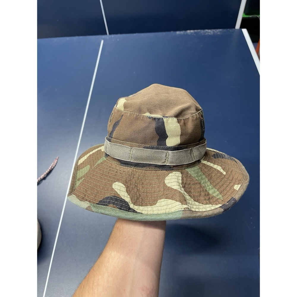 Type II Woodland Camo Boonie Sun Hat Vtg Military Chin Cord Size 7 1/4